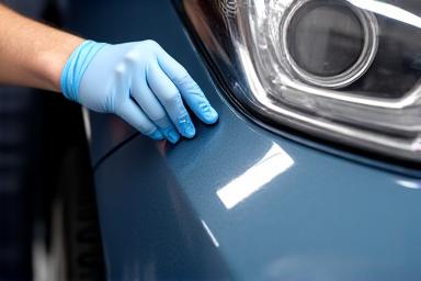車のバンパーにペイント保護フィルムを施工中